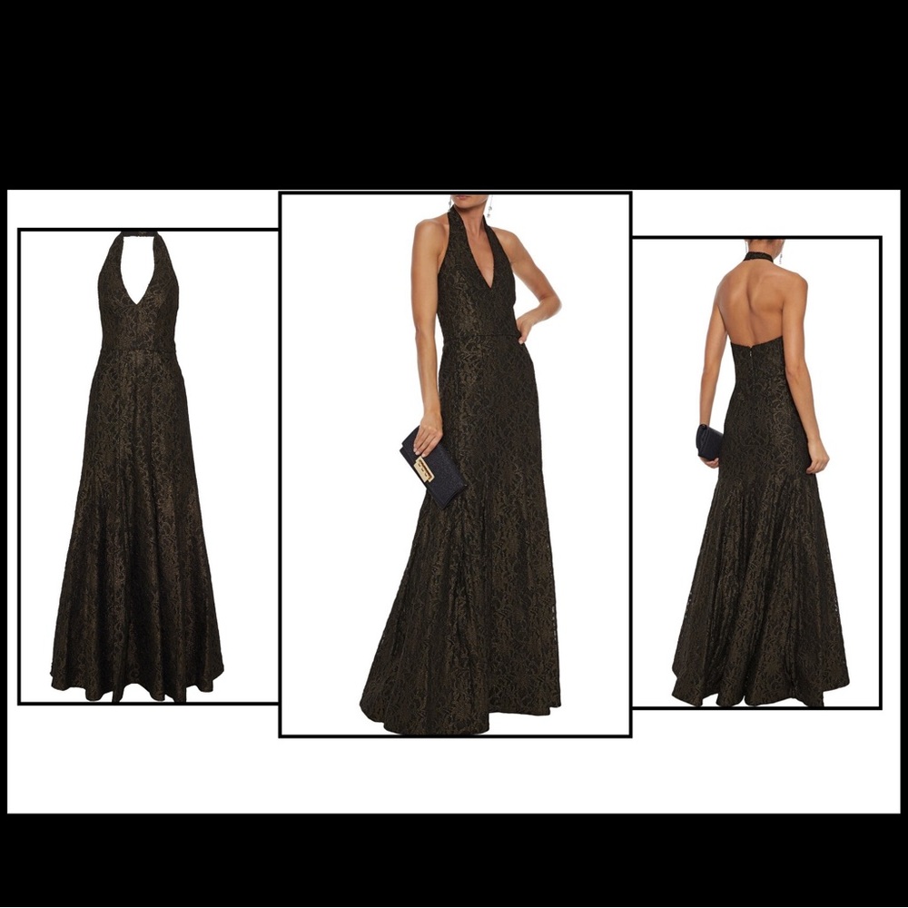 NWT Halston Heritage Black And Gold Lace Gown Dress - size 0 - Formal Black Tie